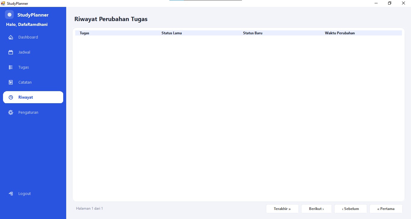 Tampilan riwayat tugas Study Planner